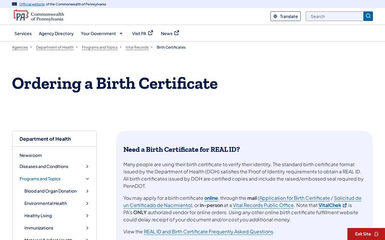 Ross Township residents directory, Pennsylvania birth certificate ordering information
