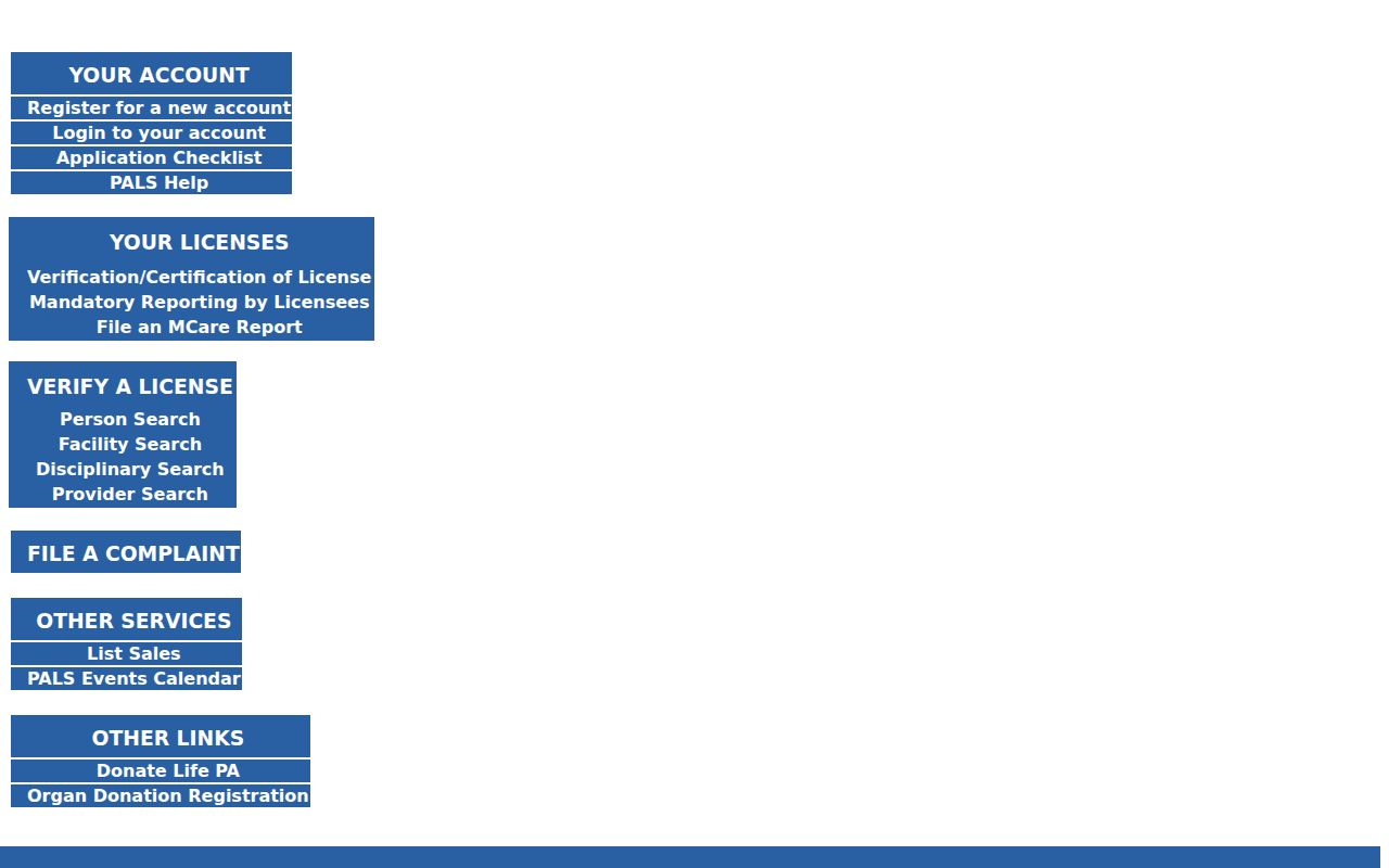 Ross Township resident lookup image of the Pennsylvania Licensing System search menu