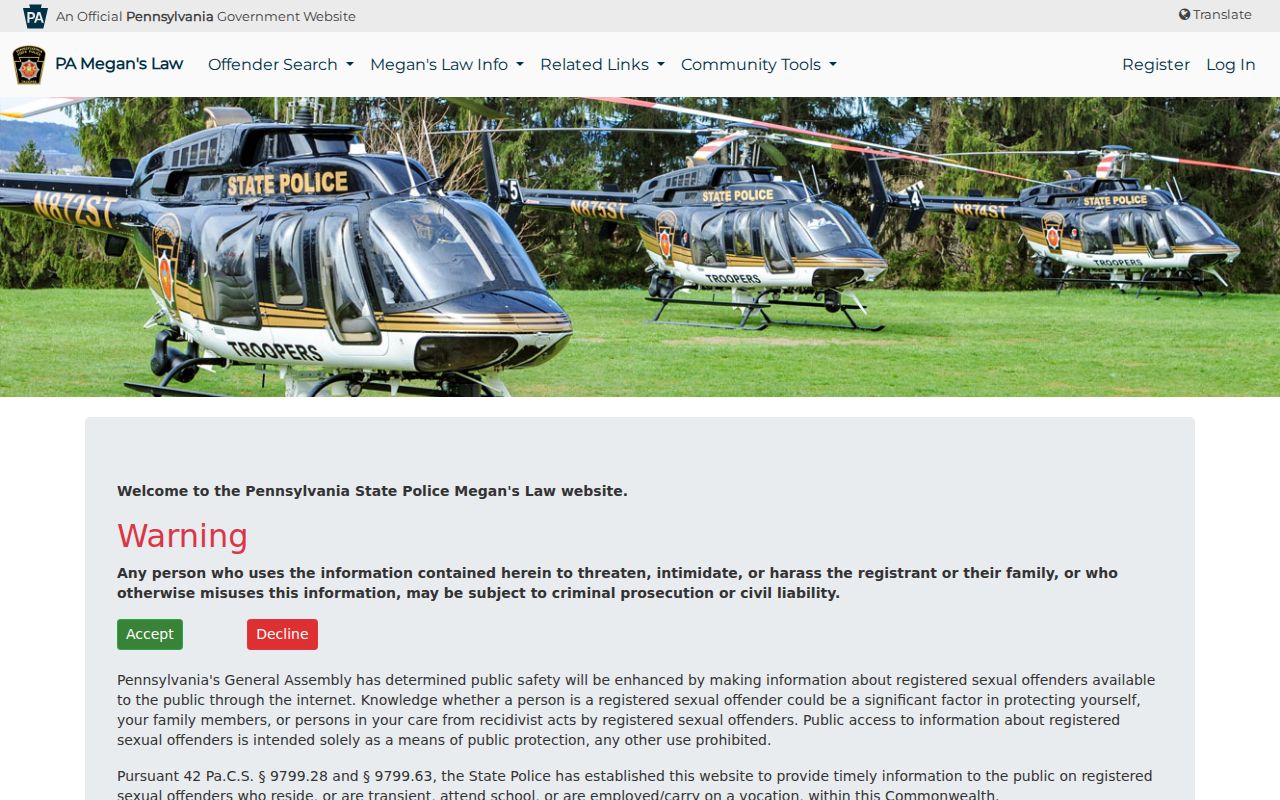 Ross Township resident lookup image of the Pennsylvania State Police registry entry page