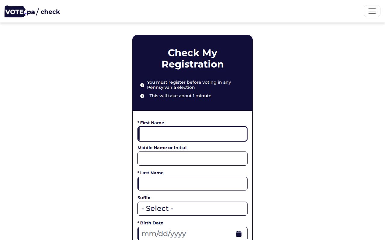 Ross Township residents directory, Pennsylvania voter registration status entry page